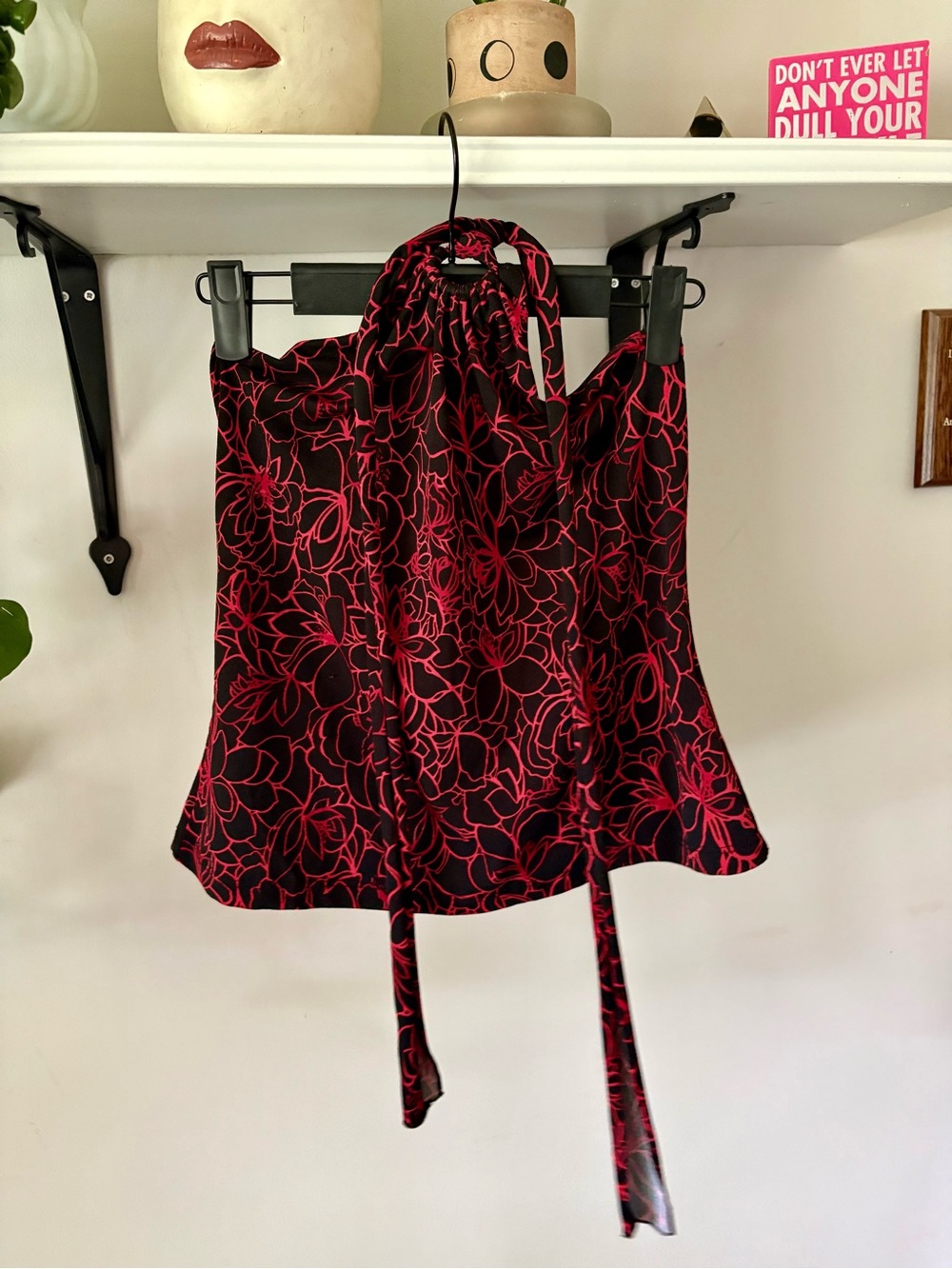 JM Collection Black Halter Camisole with Red Floral Outline